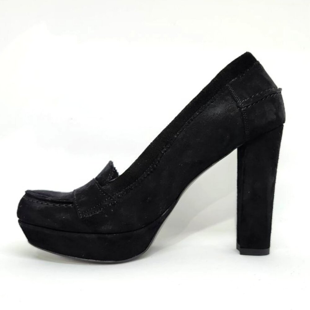 Laura Ferri Women's Black Suede Block Heel Loafer W/Red Bottoms Size 37